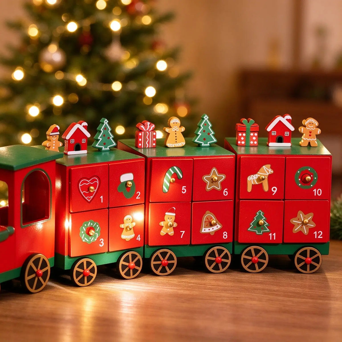 Trenino di Natale in Legno Calendario dell'Avvento (24 Cassetti)