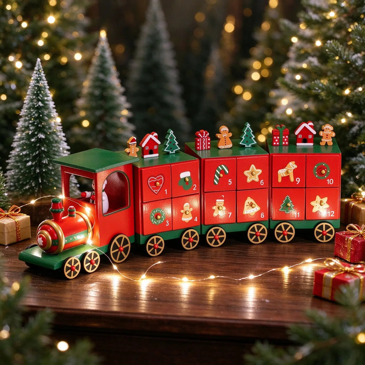 Trenino di Natale in Legno Calendario dell'Avvento (24 Cassetti)