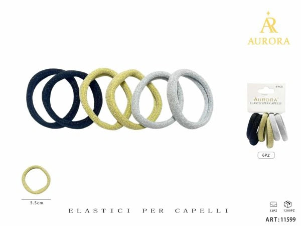 Set 6 Elastici Scintillanti AURORA: Nero, Oro e Argento