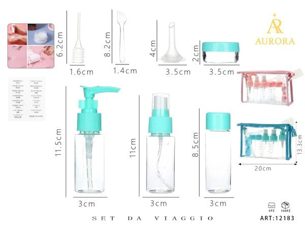 Kit Porta Liquidi da Viaggio AURORA: Set Completo di Flaconi, Barattoli e Accessori