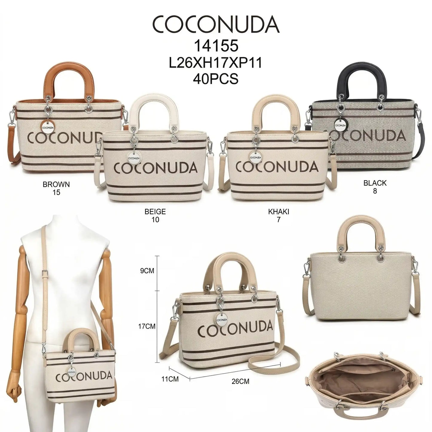 Gamma colori borsa tote COCONUDA 14155 in tela beige marrone nero e khaki - SUNTIMEMODA
