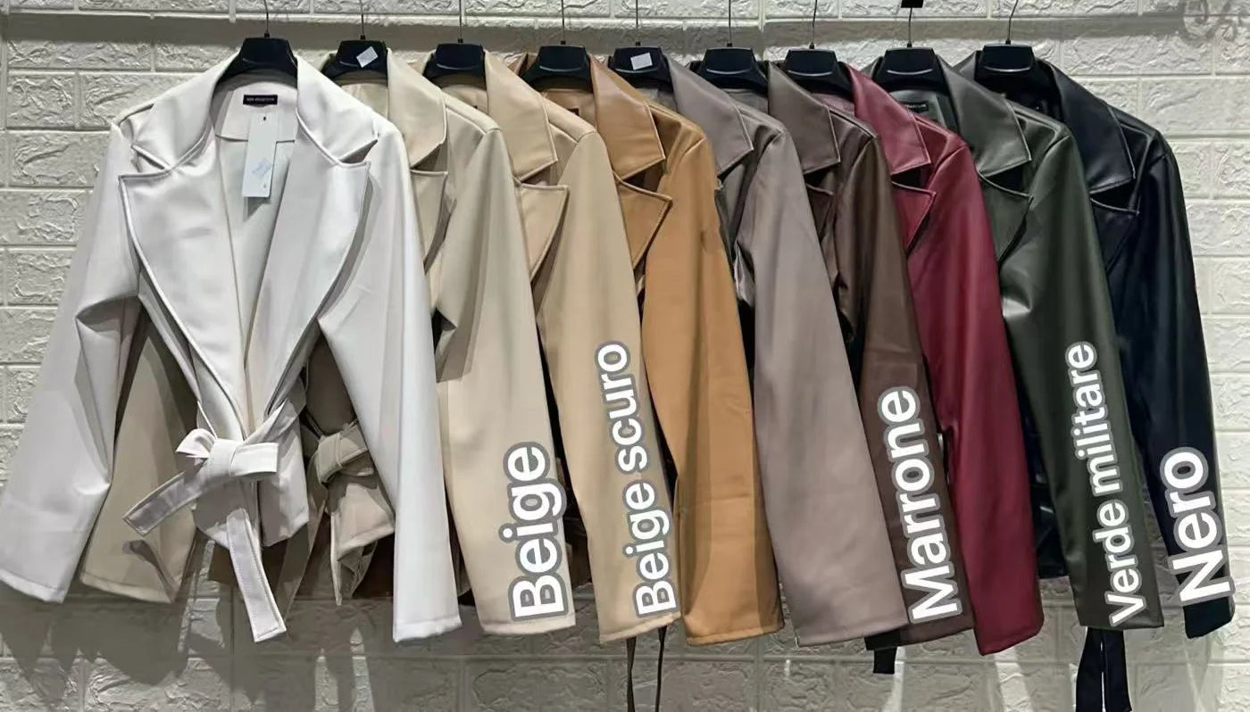 Gamma colori giacche in ecopelle donna dal beige al verde militare e bordeaux - SUNTIMEMODA
