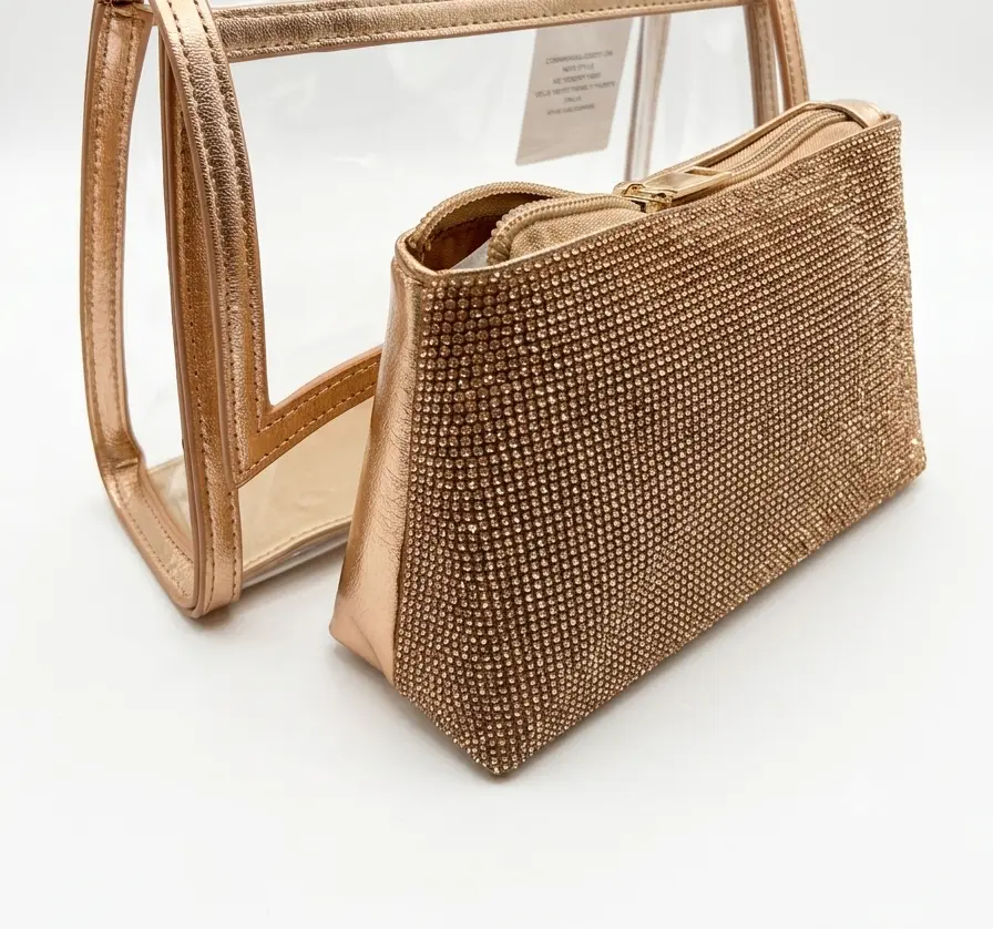 Borsa a Mano Trasparente 2-in-1 con Pochette in Strass e Tracolla a Catena