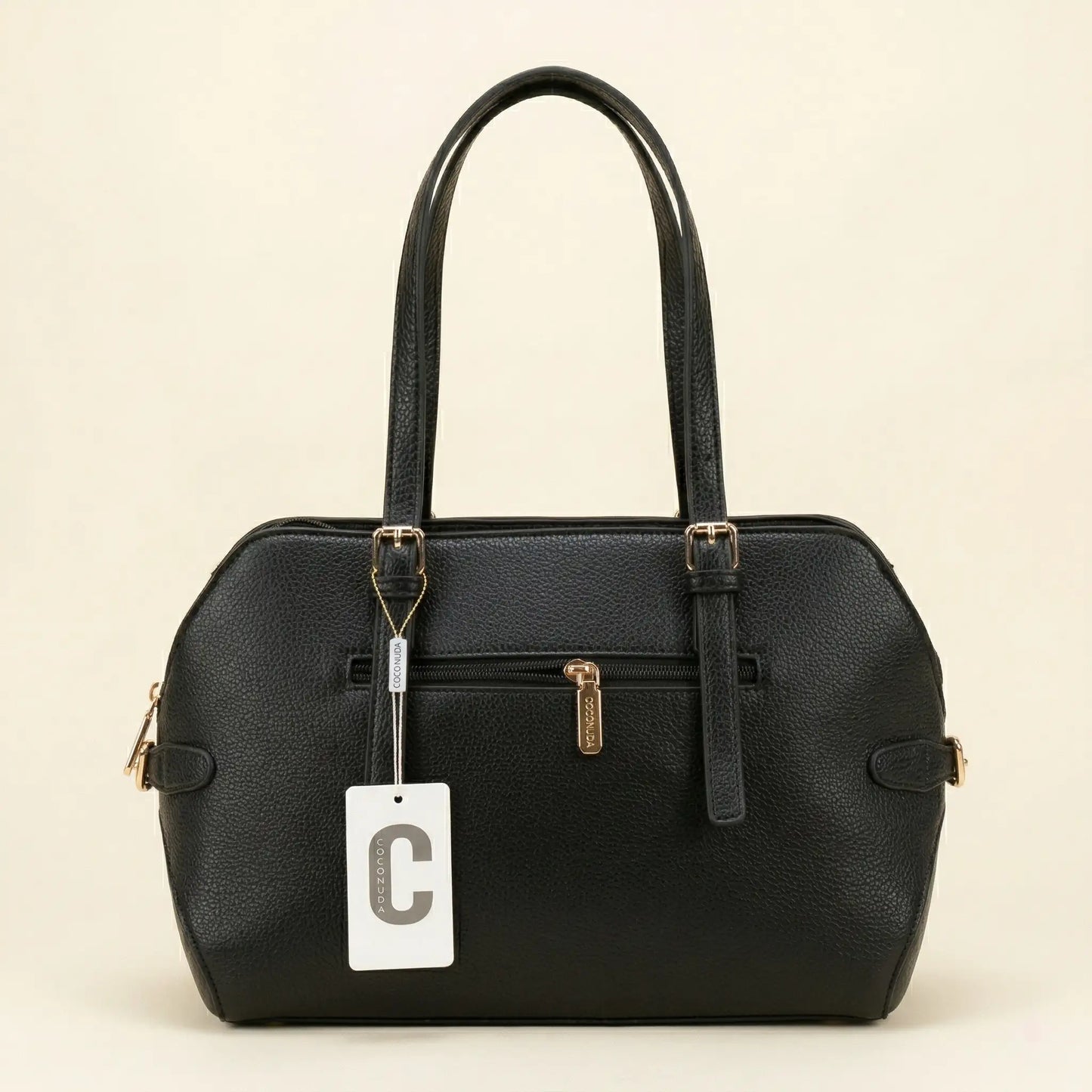 Retro della borsa Boston Coconuda nera in pelle martellata con tasca esterna a zip e cartellino originale - SUNTIMEMODA