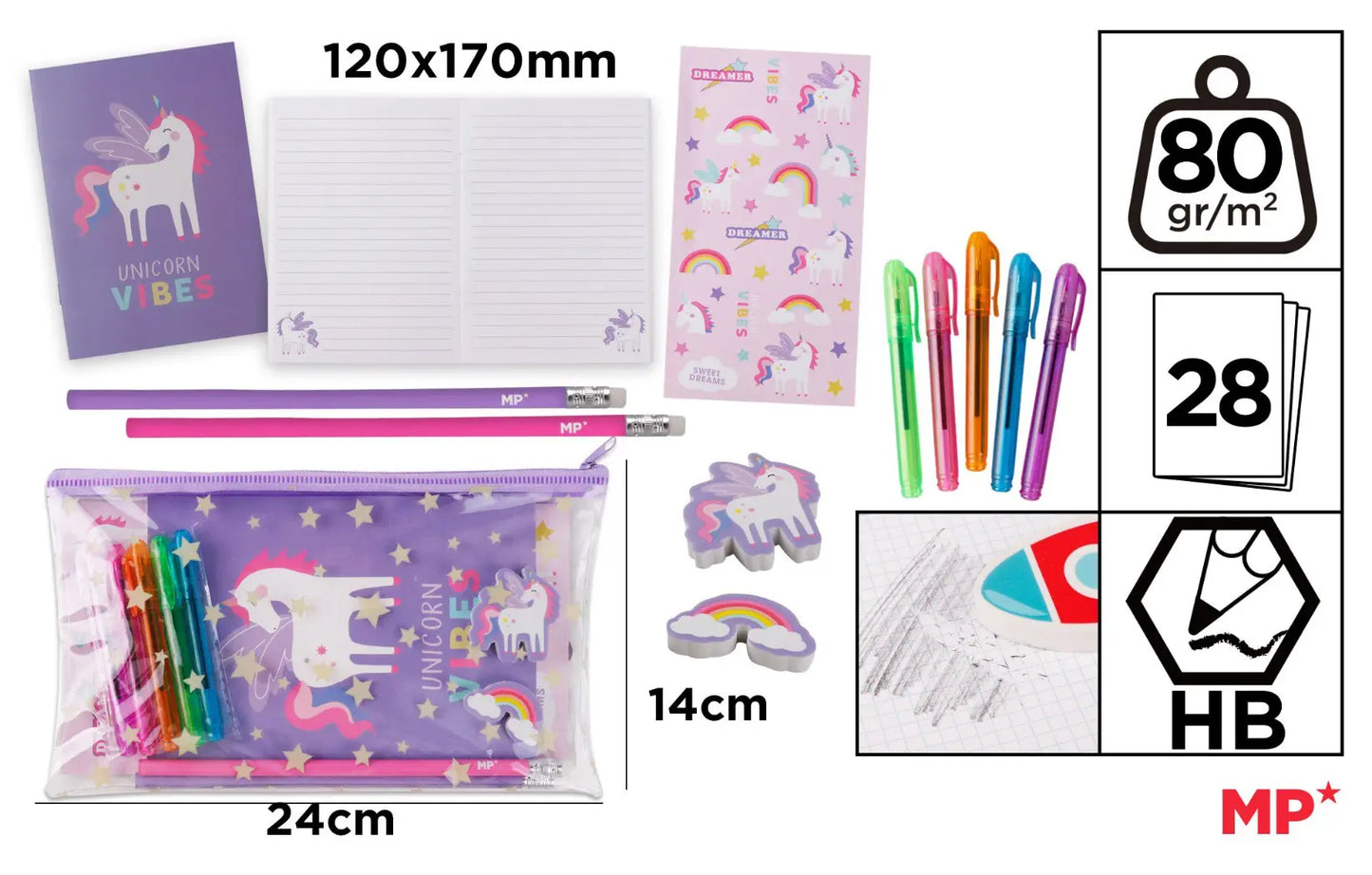 Set di scrittura unicorno 11pz 2 matite, 5 penne , 2 gomme, un piccolo quaderno e un foglio di adesivi - SUNTIMEMODA