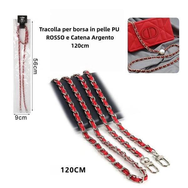 Tracolla Pelle PU ROSSO e Catena ARGENTO 120cm - SUNTIMEMODA