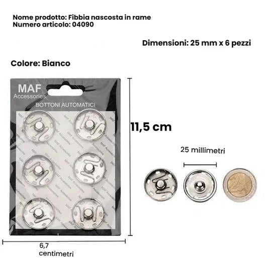 Confezione da 6 bottoni a pressione medi 25mm colore argento per giacche e borse - SUNTIMEMODA