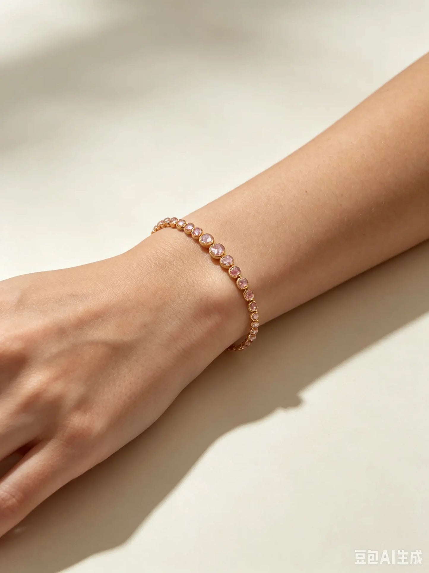 Donna che indossa un delicato bracciale dorato con cristalli rosa e rosa chiaro alternati sul polso - SUNTIMEMODA