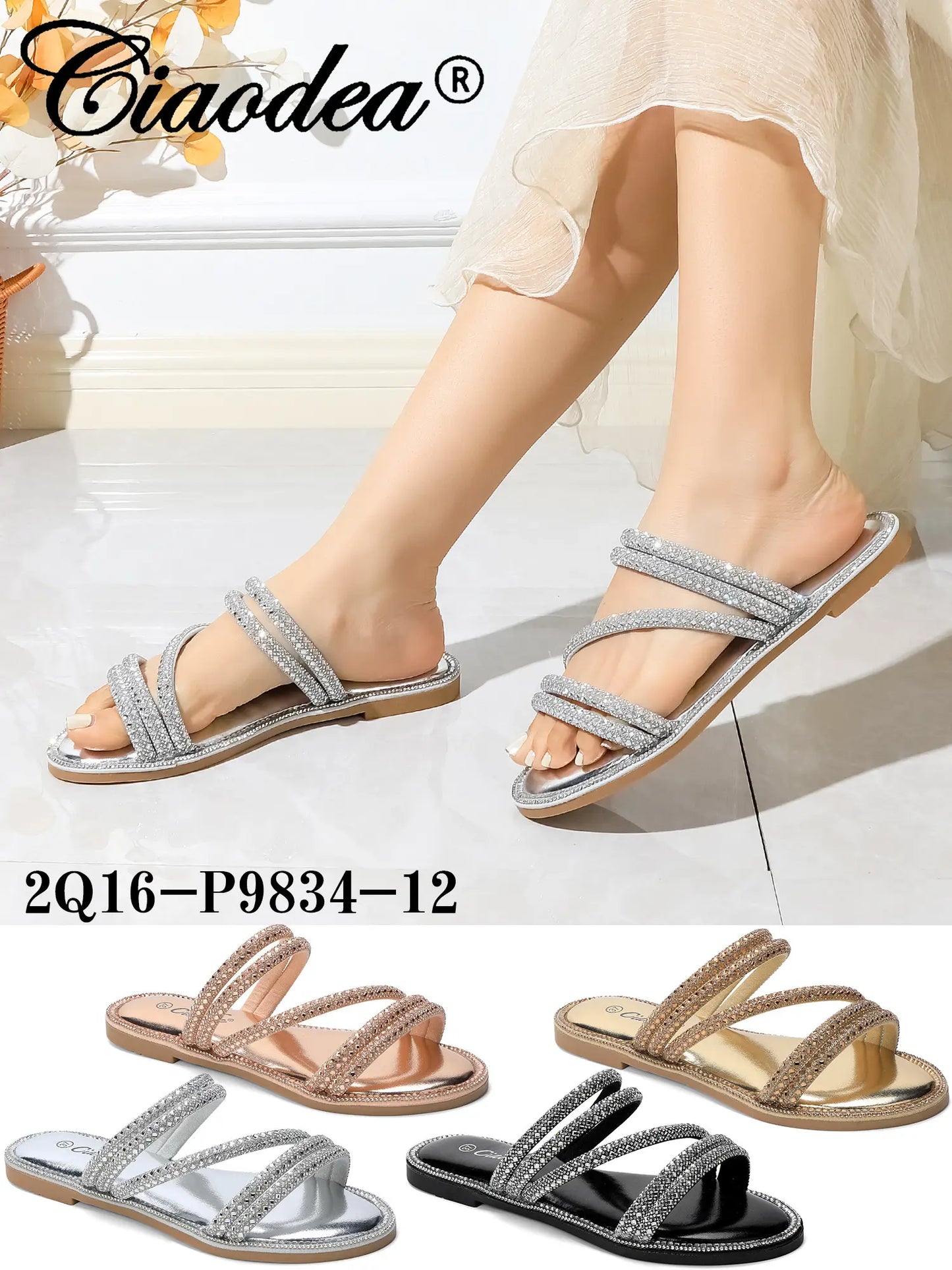 Donna che indossa ciabatte slide argento con strass, con assortimento di colori nero, champagne e oro rosa - SUNTIMEMODA