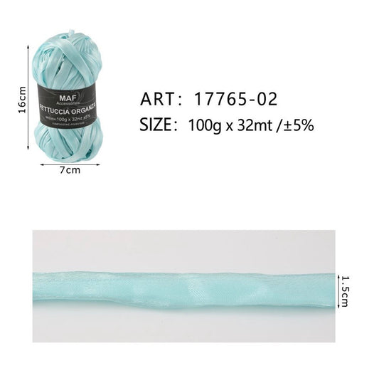 Gomitolo di fettuccia organza azzurra da 100g per lavori all'uncinetto, articolo 17765-02 - SUNTIMEMODA