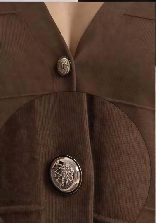 giacca con scollo a V OVERSIZE MARRONE con bottone oro - SUNTIMEMODA