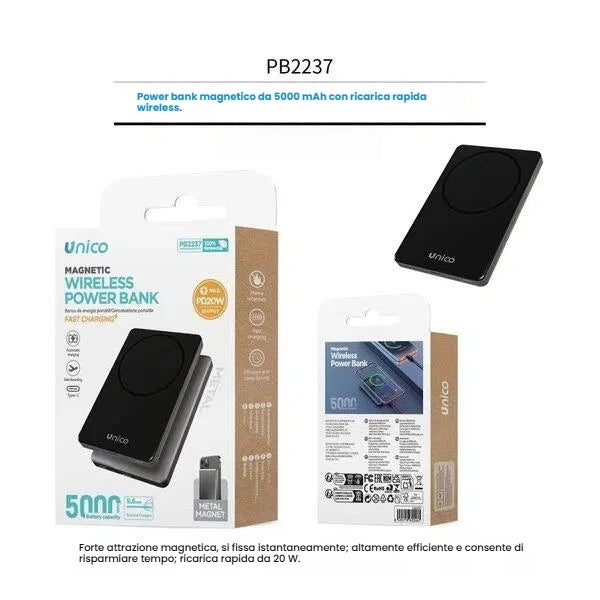 Confezione del power bank magnetico Unico PB2237 da 5000mAh nero con ricarica rapida wireless da 20W - SUNTIMEMODA