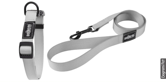 Vista piana del set collare e guinzaglio grigio larghezza 2.0cm robusto per cani grandi - Suntime Moda