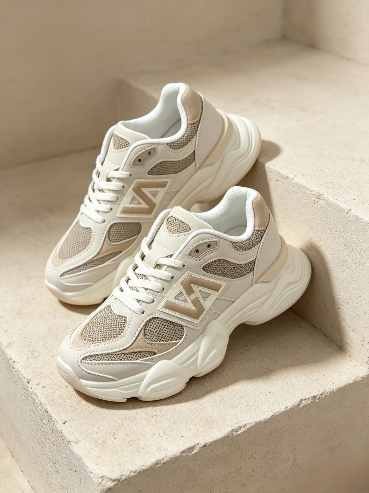 Sneakers chunky da donna beige con suola spessa e dettagli in ecopelle, esposte su gradini in pietra - SUNTIMEMODA