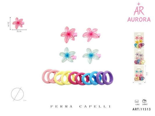 Kit Accessori Capelli AURORA: Mollette Floreali ed Elastici Morbidi