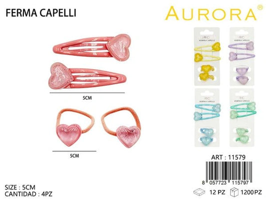 Kit Coordinato AURORA: Mollette Clic-Clac ed Elastici a Forma di Cuore