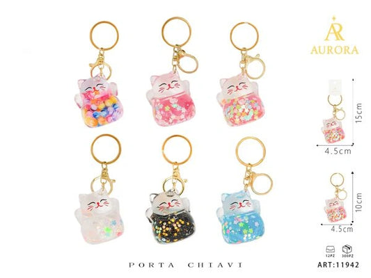 Portachiavi "Lucky Cat" AURORA: Ciondolo con Liquido e Glitter Mobili