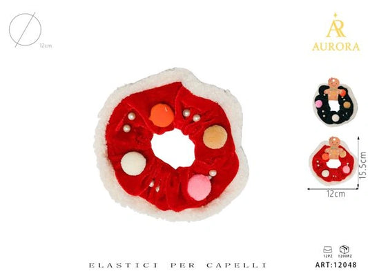 Fermacoda Natalizio AURORA: Scrunchie Decorato con Pon Pon e Perle