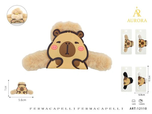 Pinza Fermacapelli AURORA in Morbido Peluche con Design Capibara