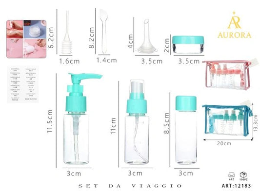 Kit Porta Liquidi da Viaggio AURORA: Set Completo di Flaconi, Barattoli e Accessori