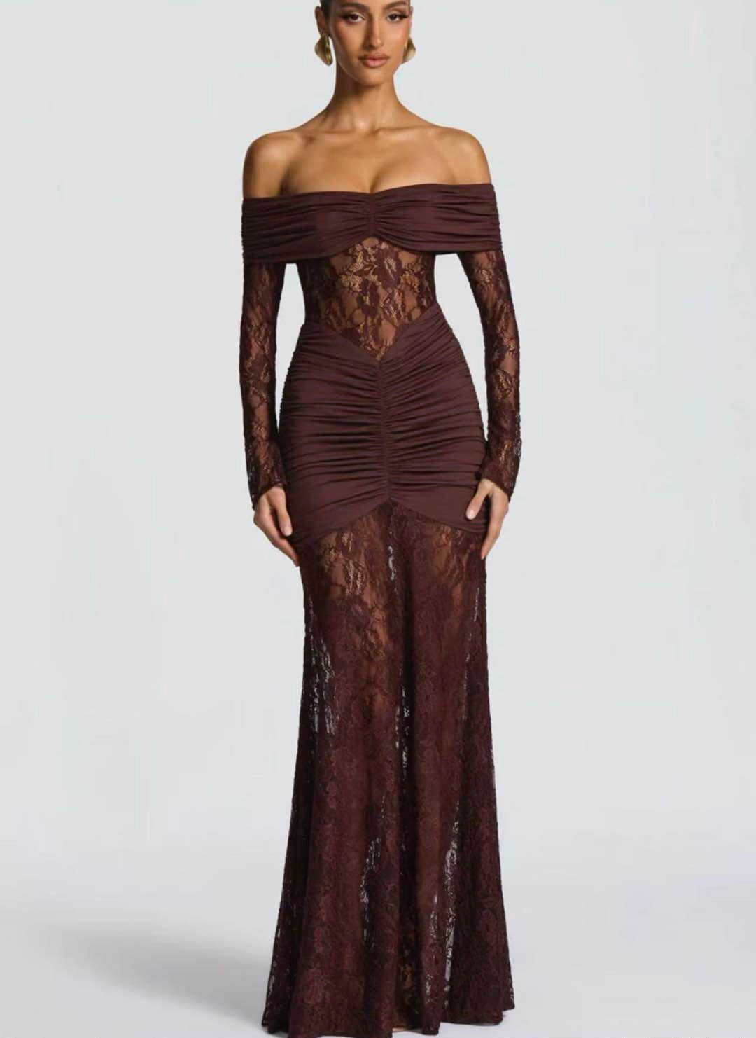 ABITO LUNGO CON PIZZO A MANICHE LUNGHE MARRONE - SUNTIMEMODA