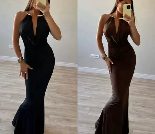 Abito lungo con scollo all'americana color - SUNTIMEMODA