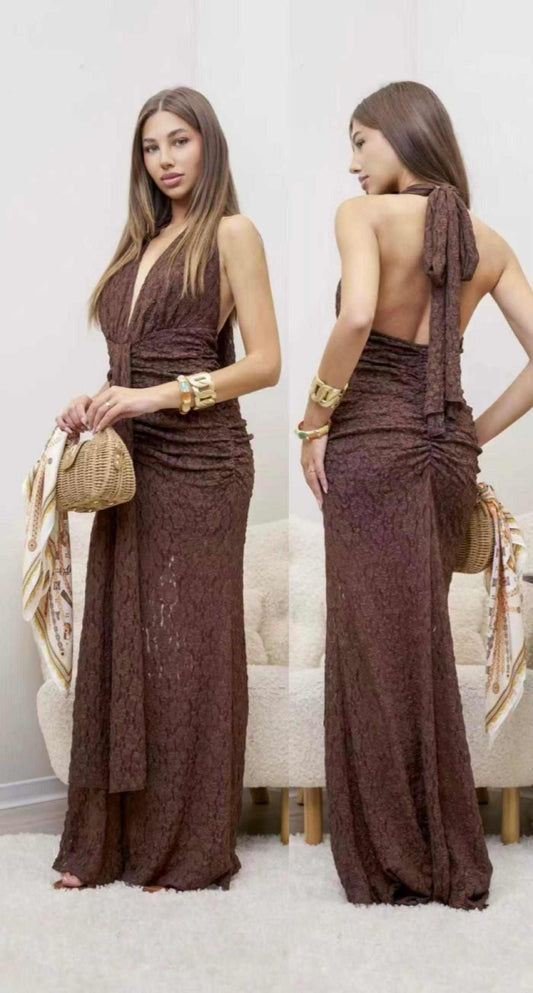 Abito lungo in pizzo con scollo all'americana e scollo a V profondo marrone - SUNTIMEMODA