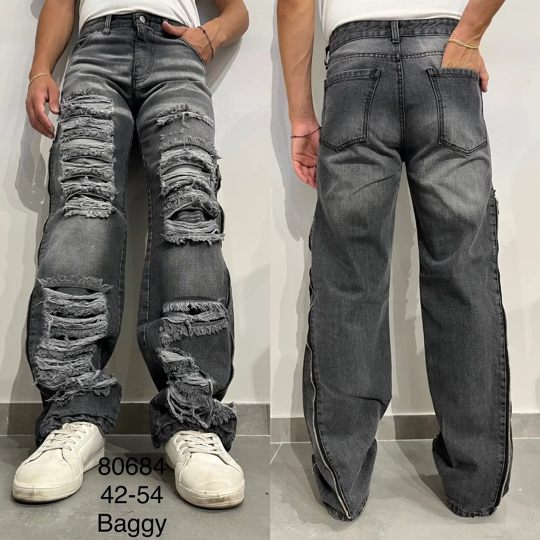 BAGGY Jeans larghi con buchi, cerniera decorativa sul lato, dritti - SUNTIMEMODA