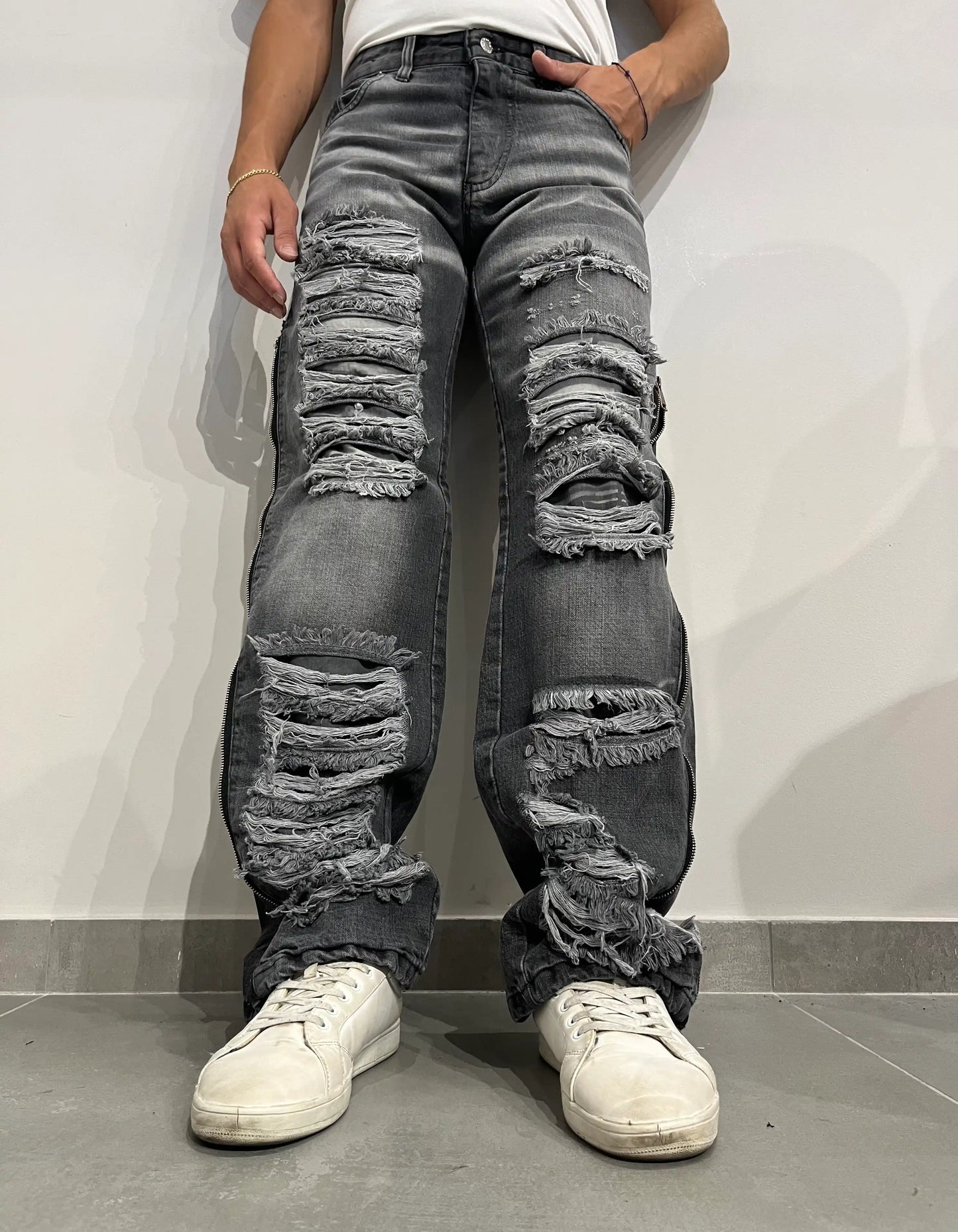 BAGGY Jeans NERO larghi con buchi, cerniera decorativa sul lato, dritti - SUNTIMEMODA