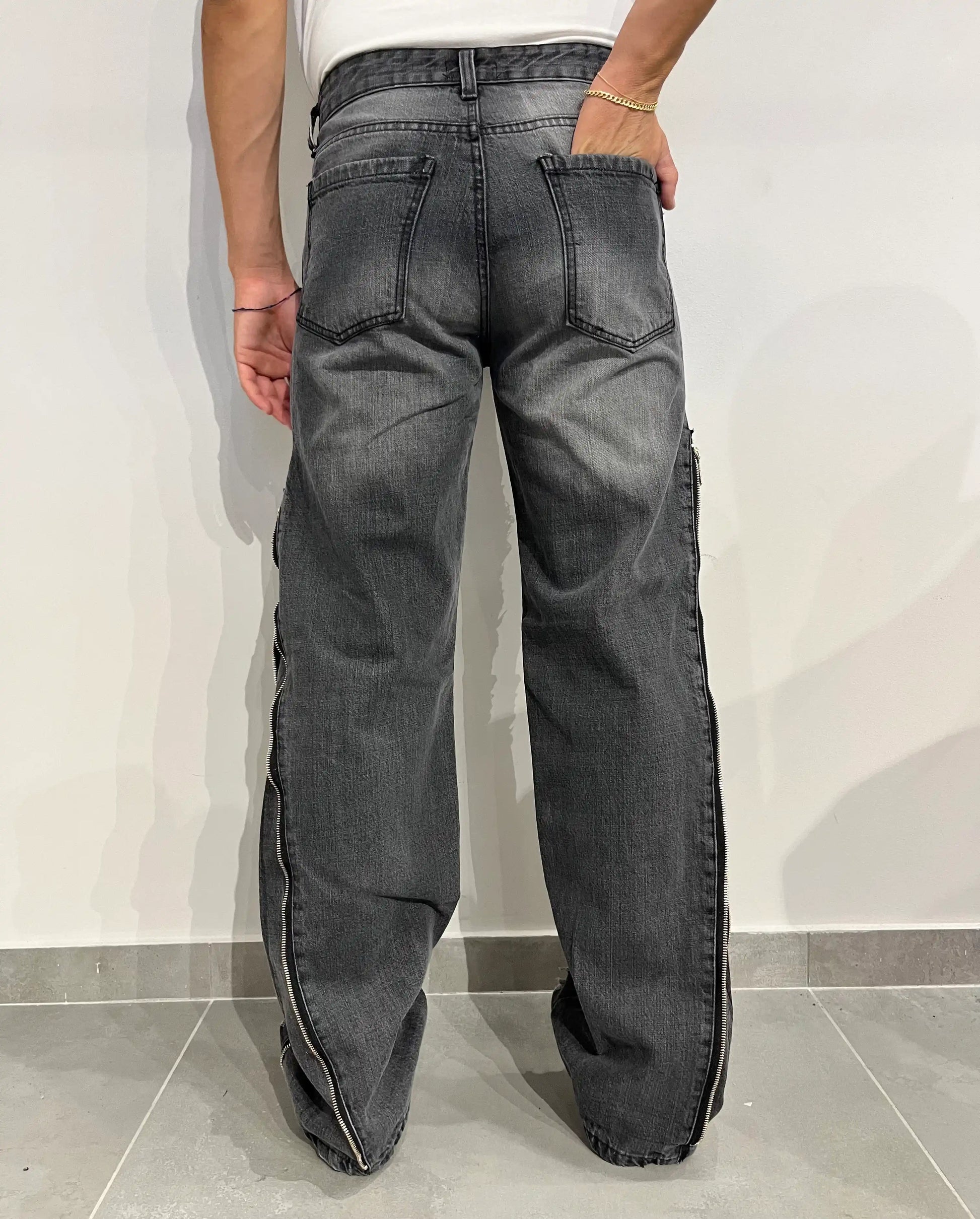 Baggy Jeans larghi con buchi, cerniera decorativa sul lato, dritti, nero - SUNTIMEMODA