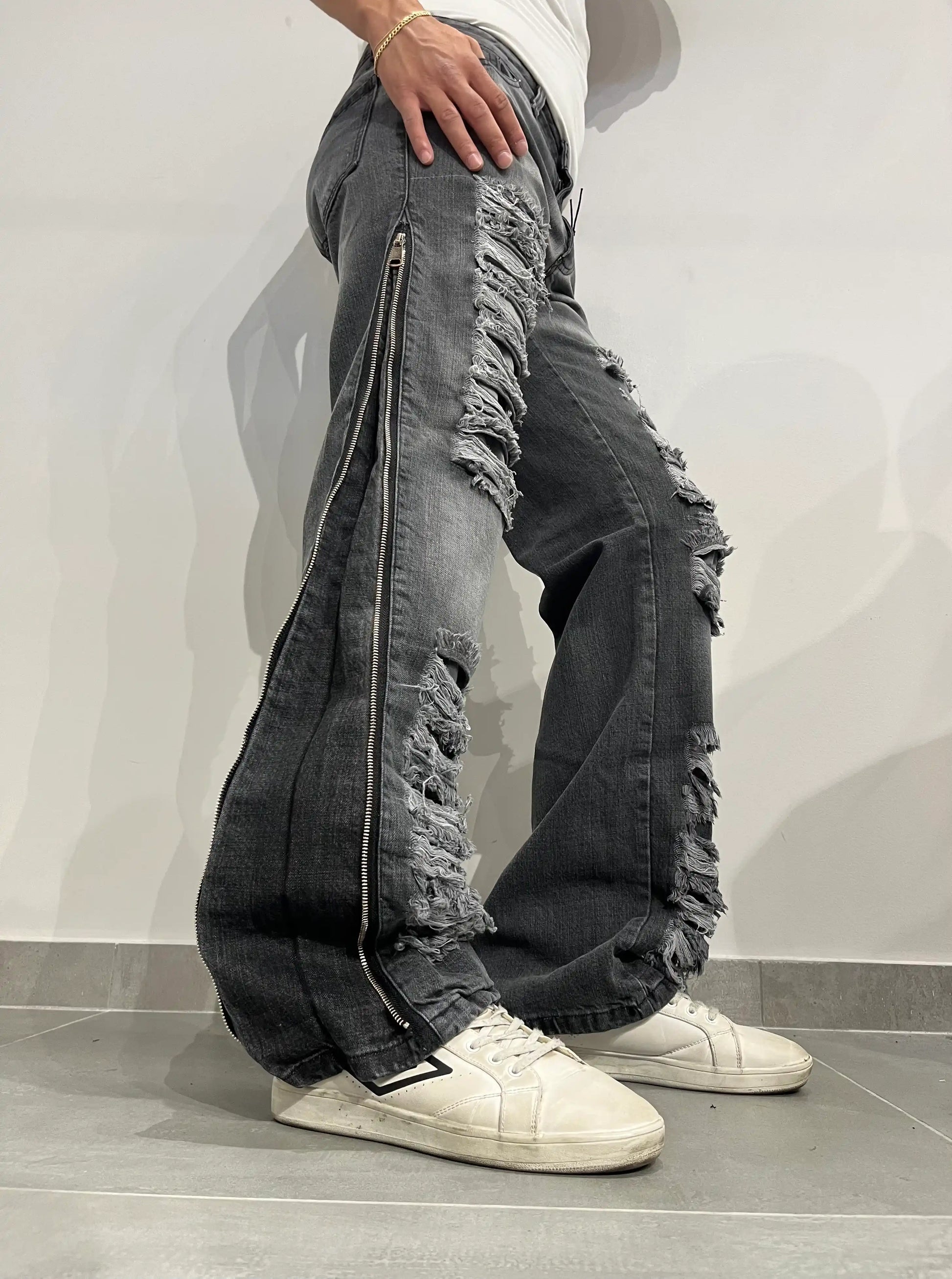 Baggy nero Jeans larghi con buchi, cerniera decorativa sul lato, dritti - SUNTIMEMODA