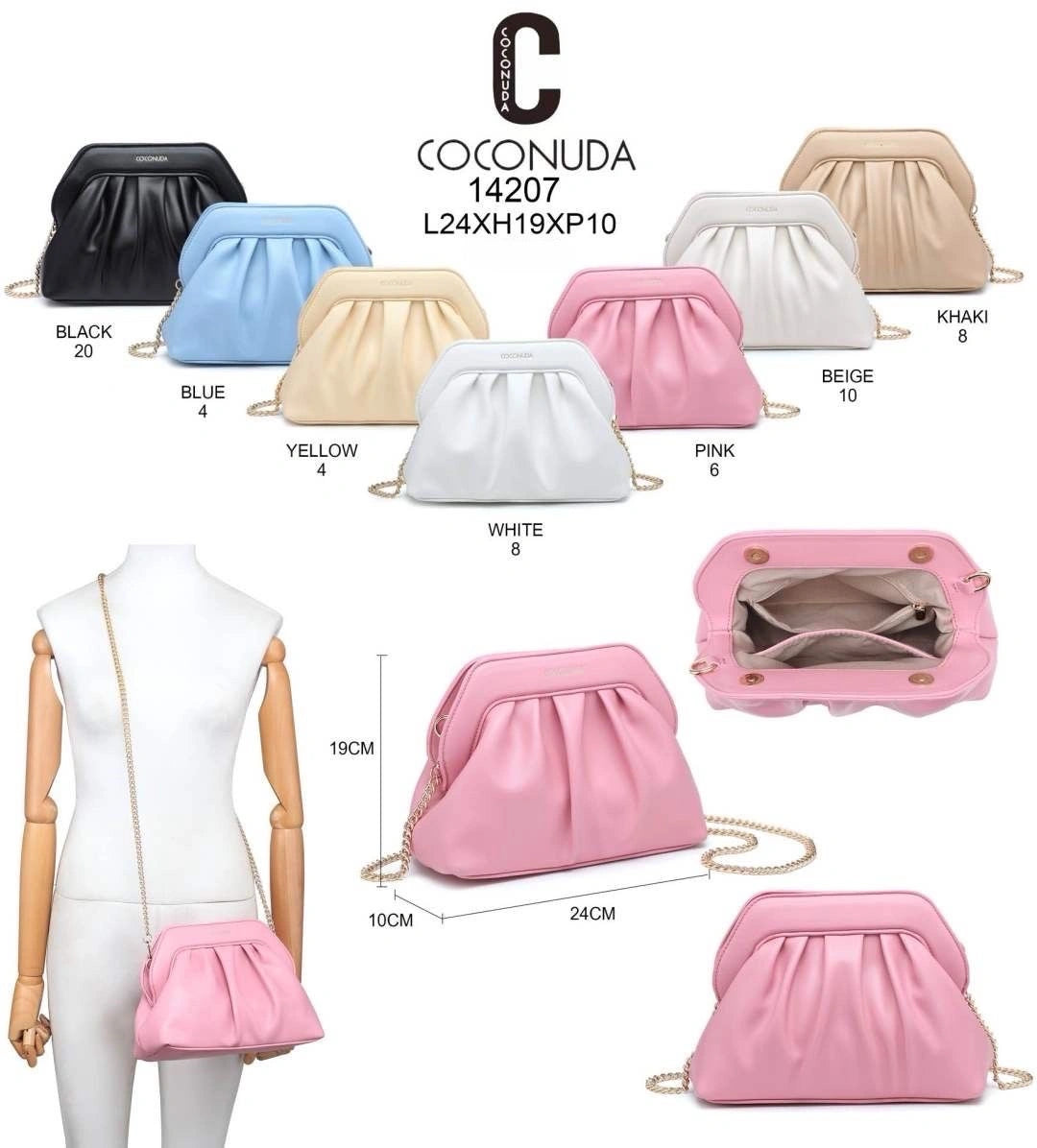 Tabella dimensioni e varianti colori borsa COCONUDA 14207 con modella - SUNTIMEMODA
