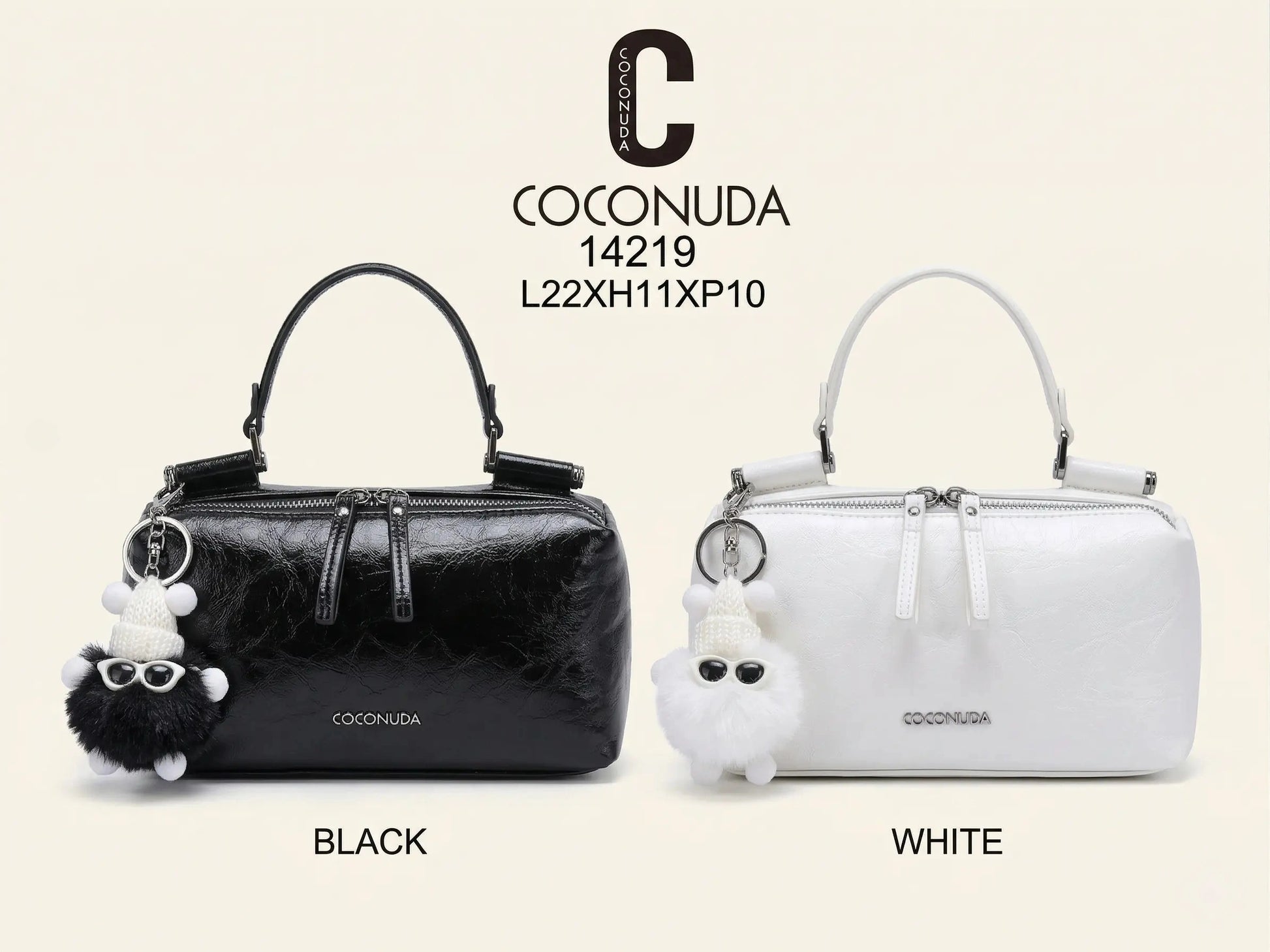 Borsa mini bauletto Coconuda 14219 colori nero e bianco con charm peloso - SUNTIMEMODA