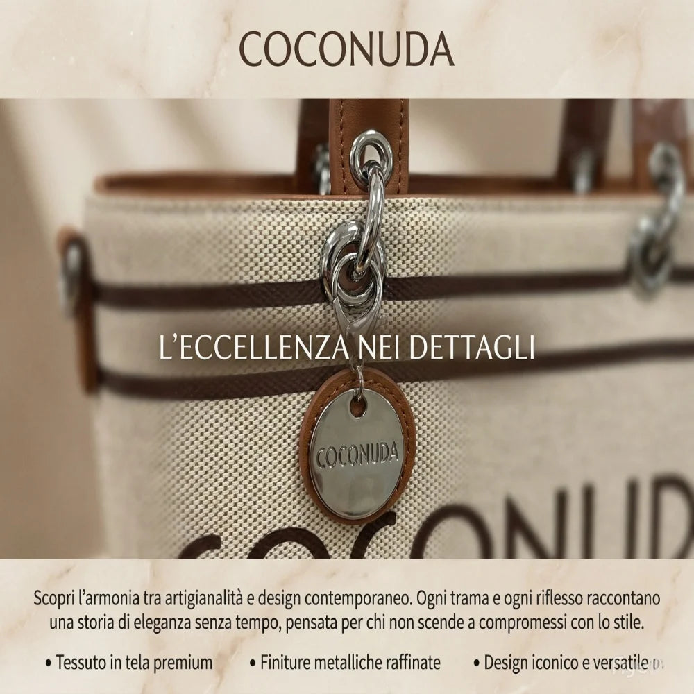 Dettaglio finiture metalliche e charm logato borsa COCONUDA in tela premium - SUNTIMEMODA