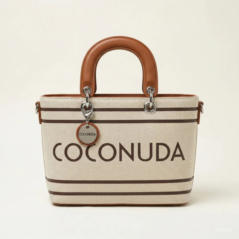 Borsa tote COCONUDA 14155 bianca e marrone con logo frontale e manici rigidi - SUNTIMEMODA