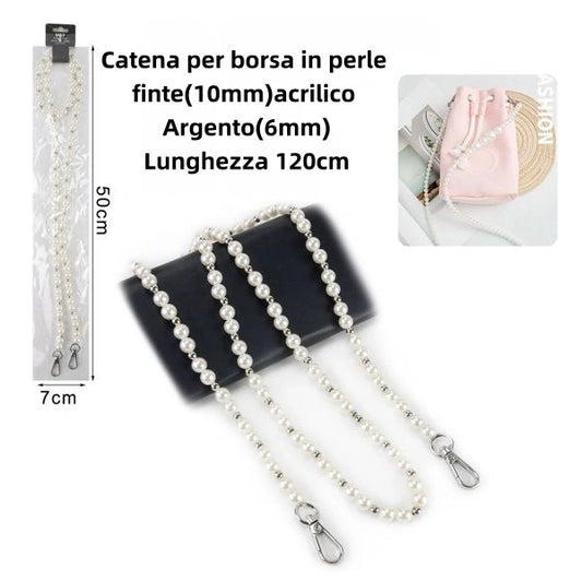 Catena per borsa in perle finte 10mm acrilico Argento 6mm Lunghezza 120cm - SUNTIMEMODA