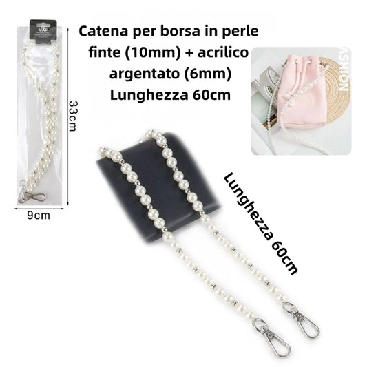 Catena per borsa in perle finte 10mm acrilico argentato 6mm Lunghezza 60cm - SUNTIMEMODA