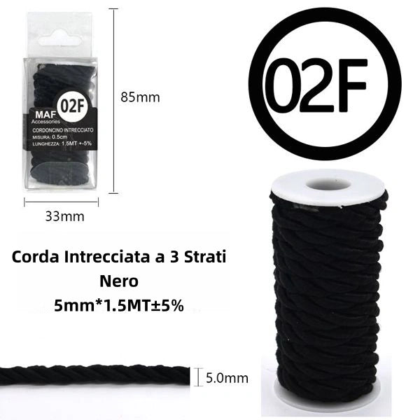 Corda Intrecciata a 3 Strati NERO 5MM*1.5MT - SUNTIMEMODA