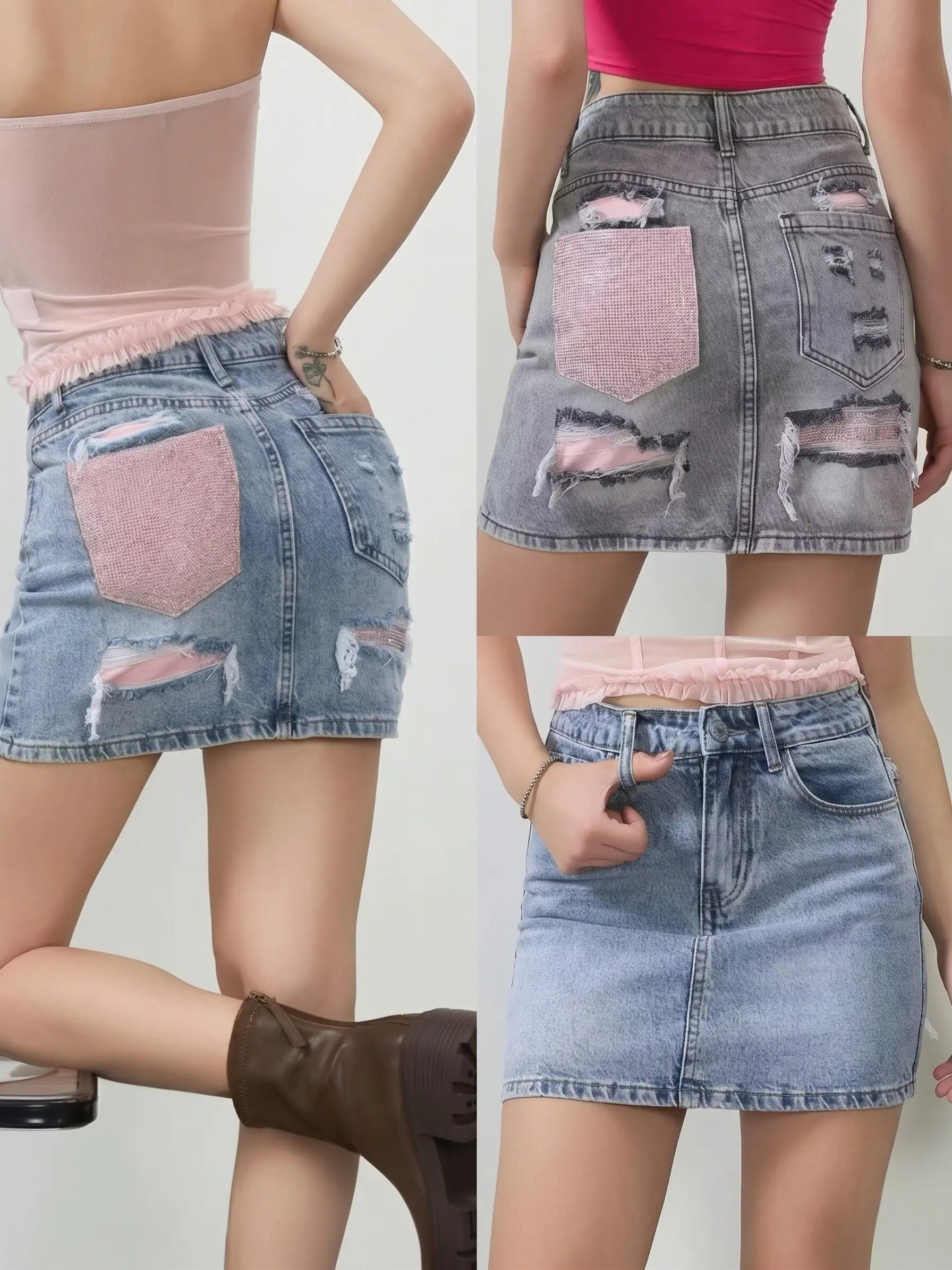 Dettaglio tasca posteriore rosa con strass su gonna denim grigia lavaggio vintage - SUNTIMEMODA