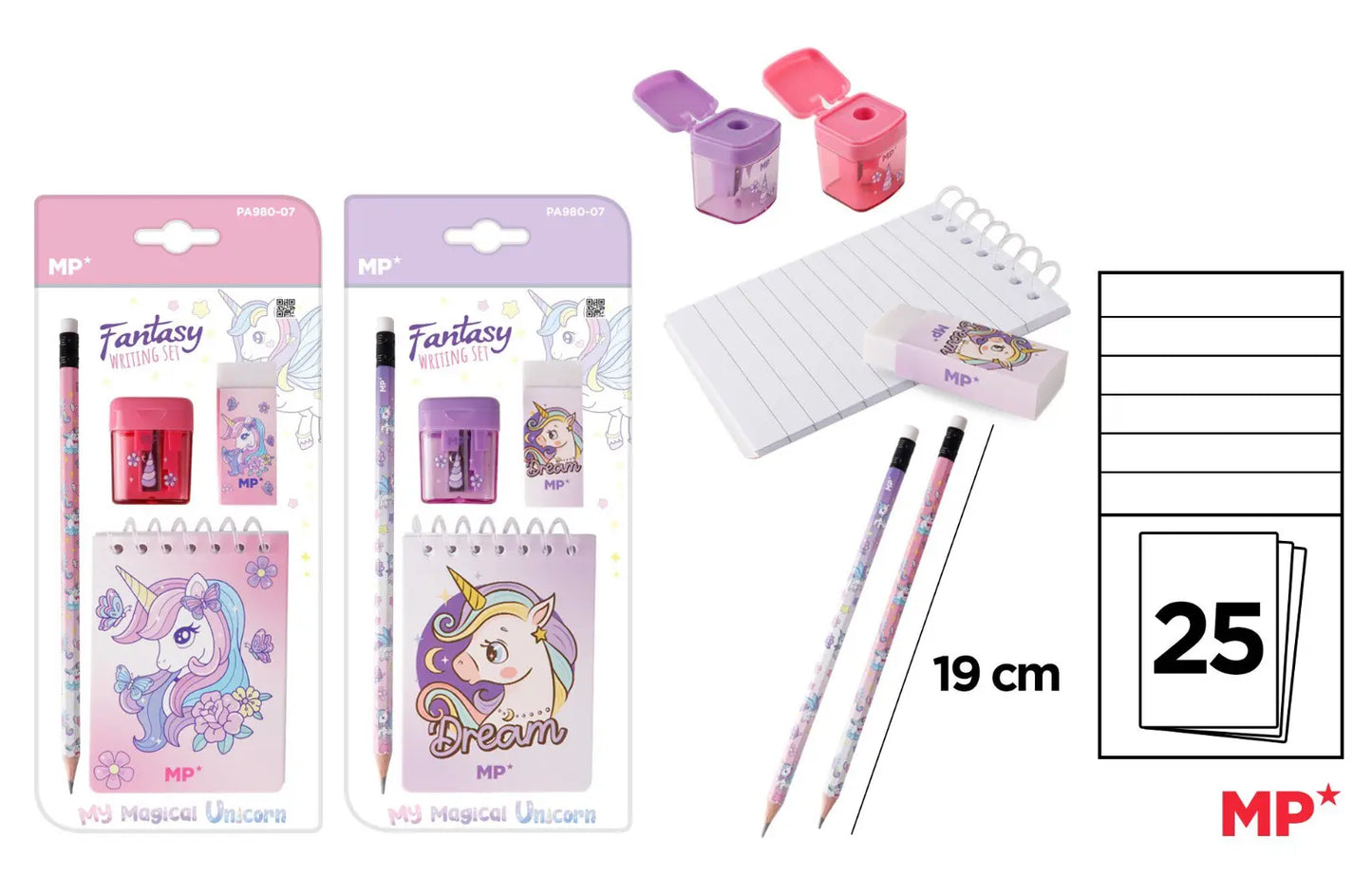 FANTASY UNICORNO Set di scrittura 4PZ CON MATTITA GOMMA temperamatite E piccolo quaderno - SUNTIMEMODA