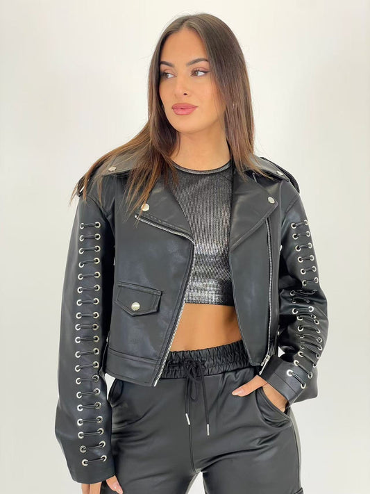 GIACCA IN PELLE CON MANICHE CON COULISSE CORTO NERO - SUNTIMEMODA