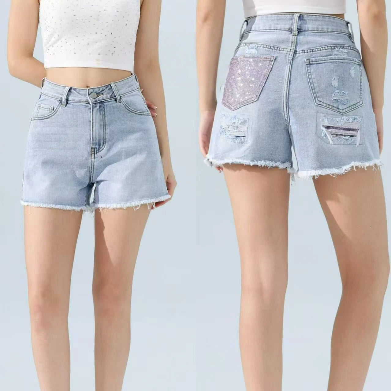 Look estivo con shorts in jeans chiari e top bianco corto - SUNTIMEMODA