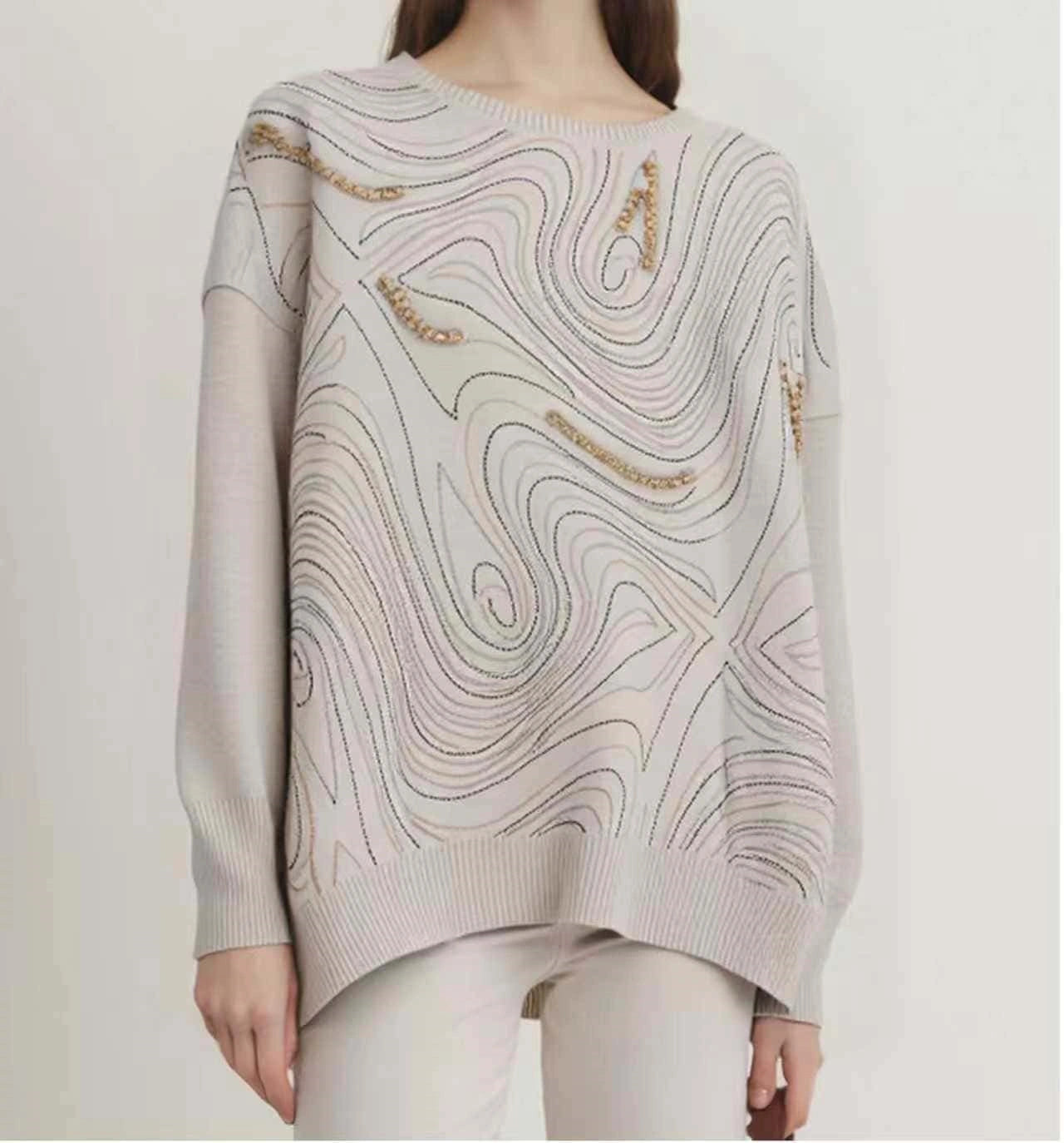 Maglia maniche lunghe con diamanti beige - SUNTIMEMODA
