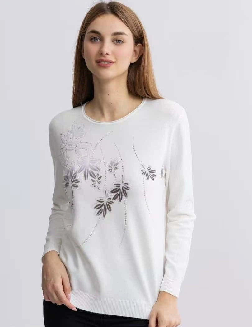 Maglia maniche lunghe con motivo a rombi e foglie - SUNTIMEMODA