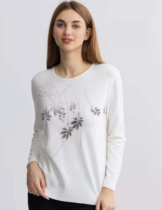 Maglia maniche lunghe con motivo a rombi e foglie - SUNTIMEMODA