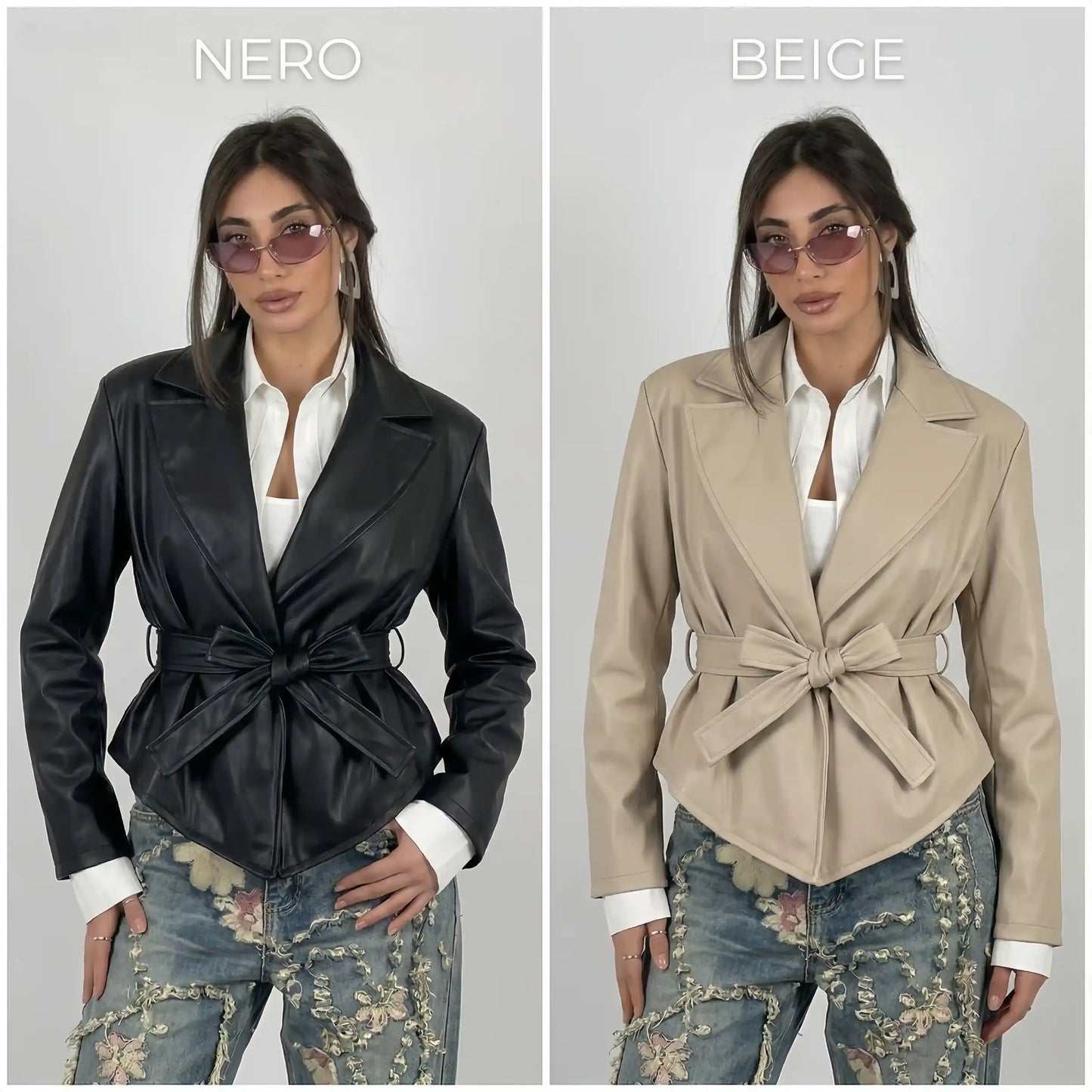 Modella indossa giacca in ecopelle nera e beige con cintura a fiocco e occhiali da sole - SUNTIMEMODA