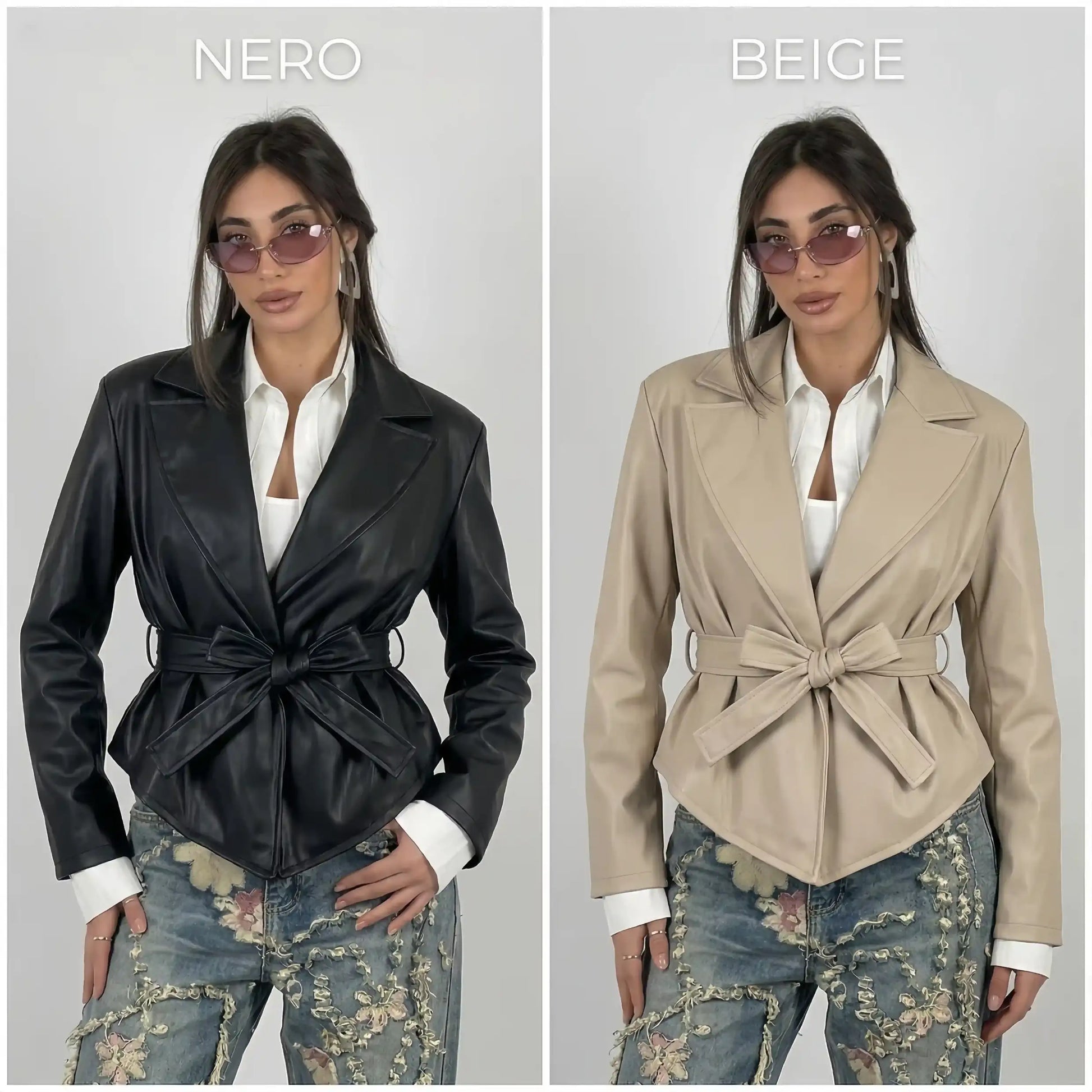 Modella indossa giacca in ecopelle nera e beige con cintura a fiocco e occhiali da sole - SUNTIMEMODA