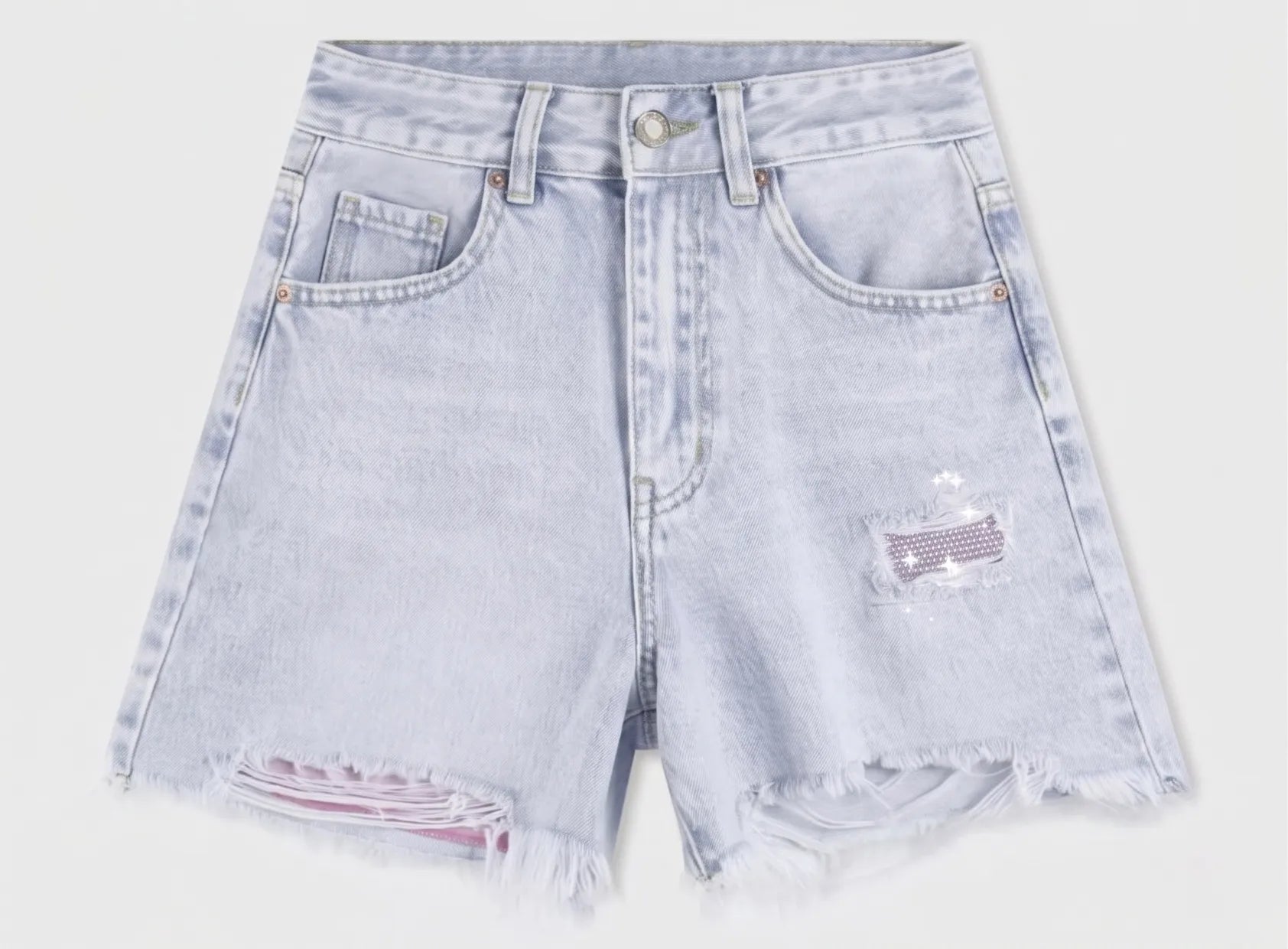 Pantaloncini jeans azzurri vita alta con orlo a vivo vista frontale - SUNTIMEMODA