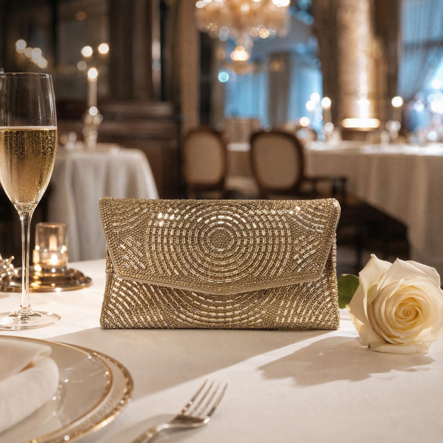 Pochette da sera a busta dorata con perline scintillanti - SUNTIMEMODA