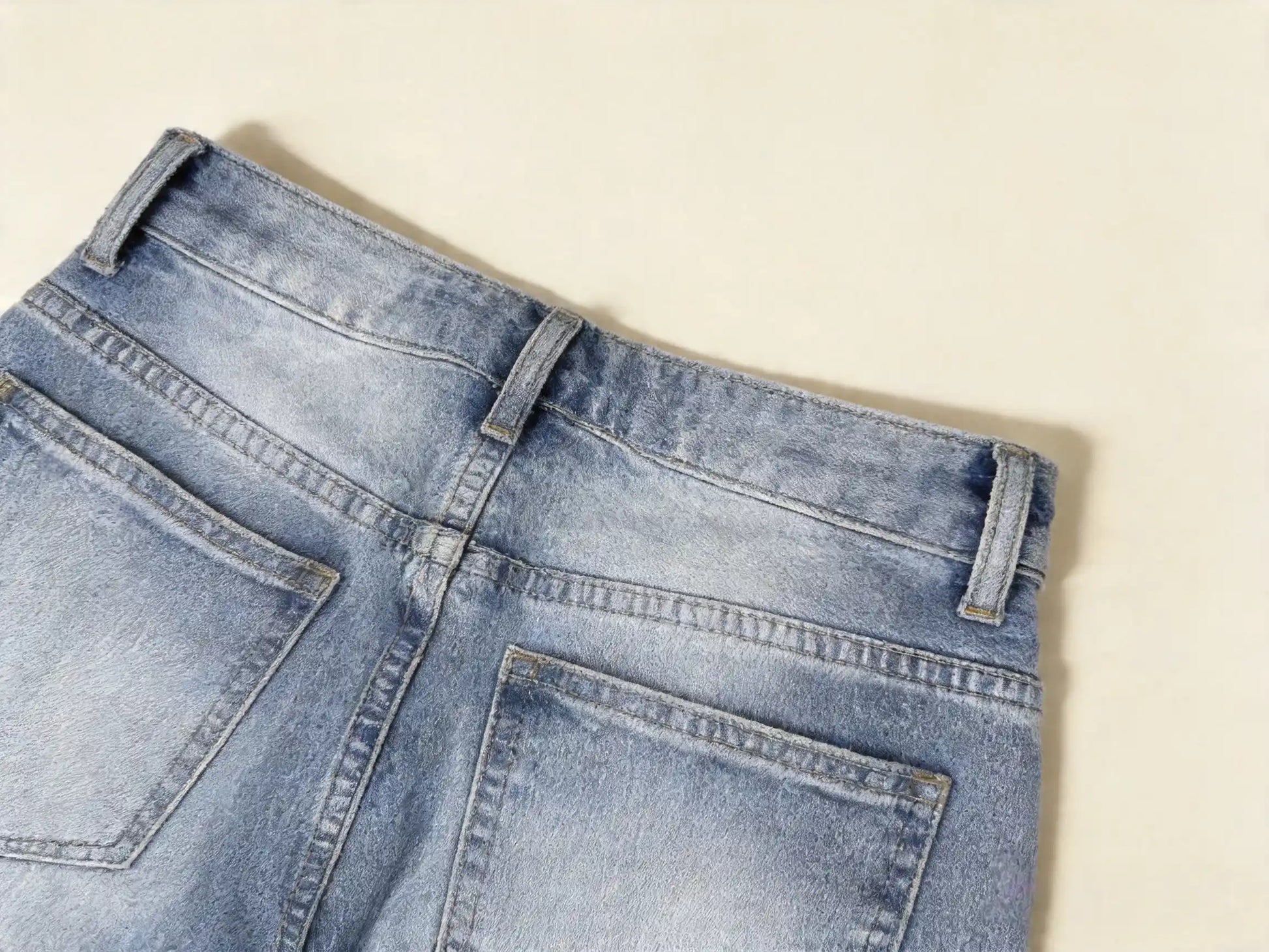 Primo piano cuciture e tessuto denim azzurro chiaro di alta qualità - SUNTIMEMODA
